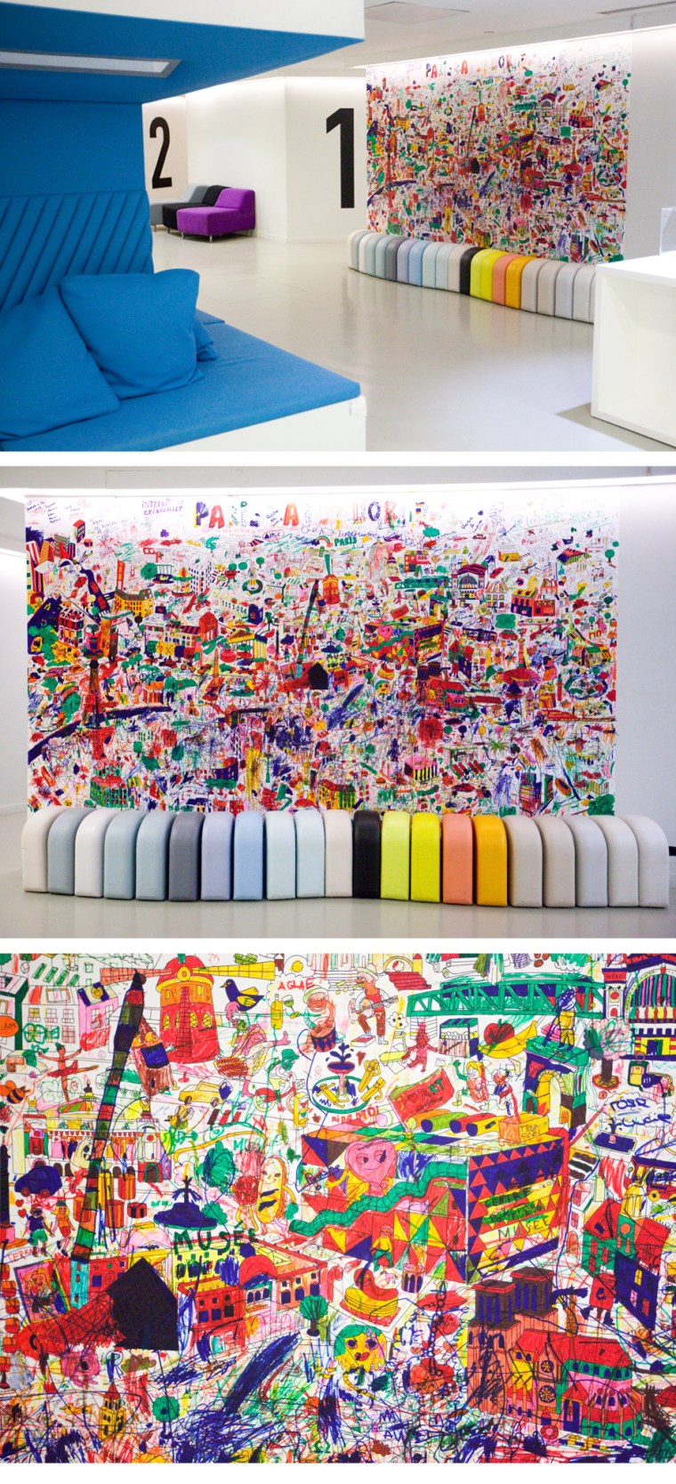 Huge coloring wall for kids workshop at the Pompidou Museum in Paris.